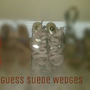 Tan suede Guess all season wedges
