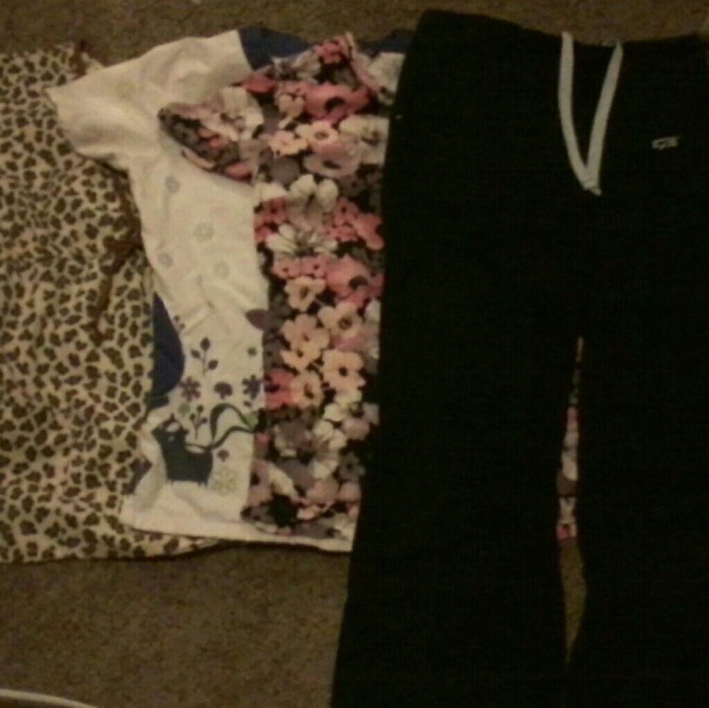 3 scrub tops size small, and one bottom small