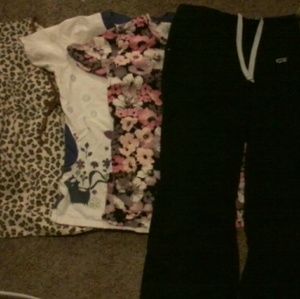 3 scrub tops size small, and one bottom small