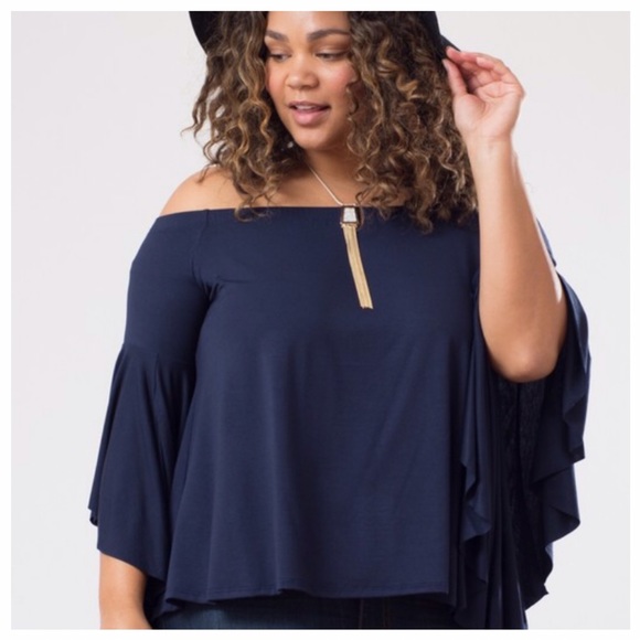 Blue Plus Size Off-the-Shoulder Bell Sleeve Top - Picture 2 of 4
