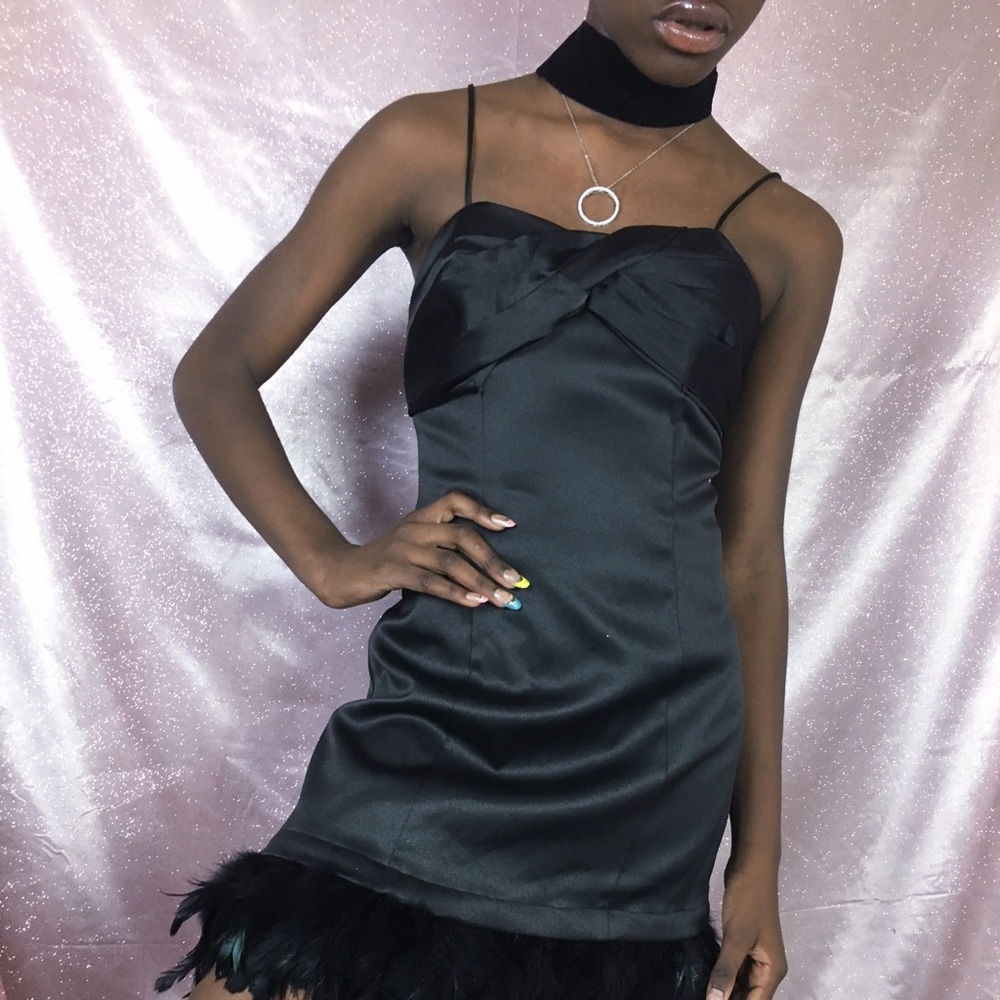 90s Vintage Roberto Black Feather Hem Mini Dress