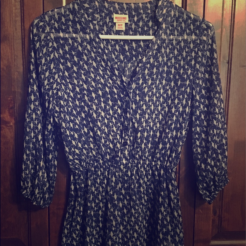Flowy navy blue bird patterned blouse