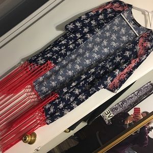 Long cardigan, blue coral and tan