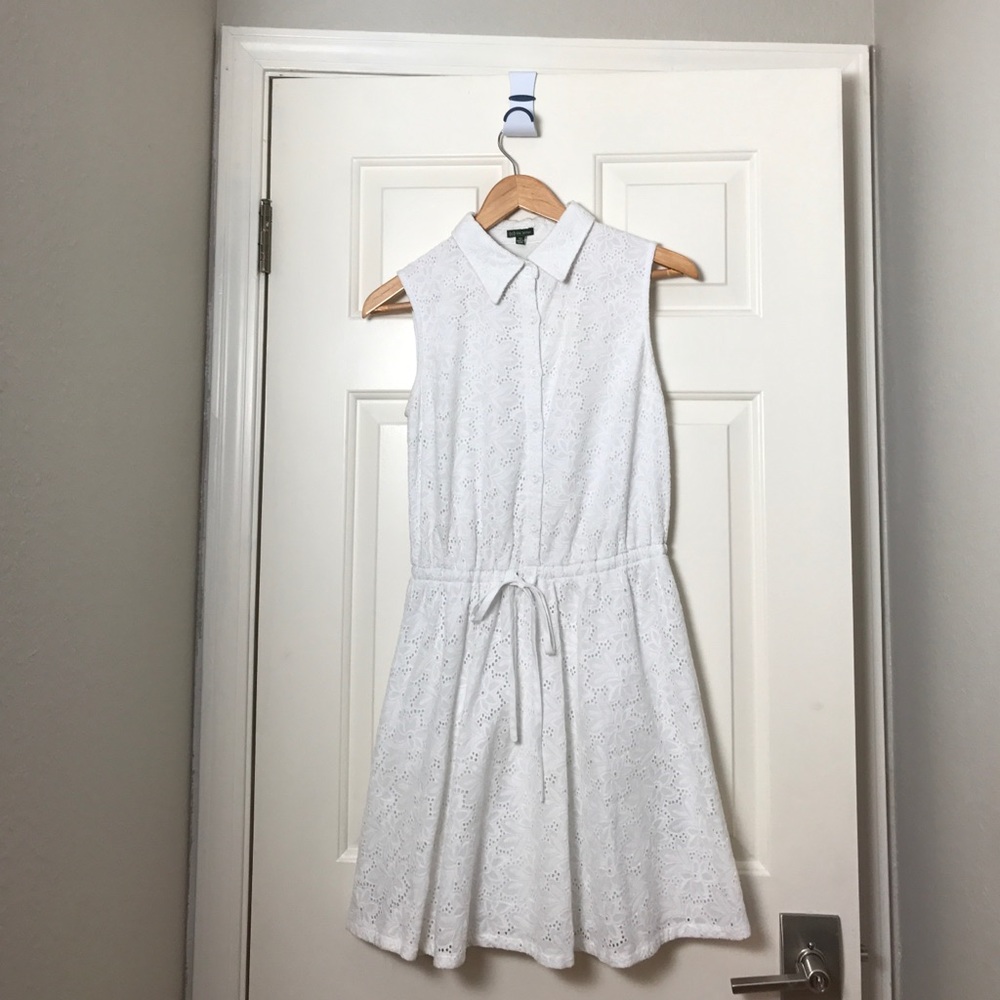 Cute White Lace Eyelet Drawstring Shirtdress