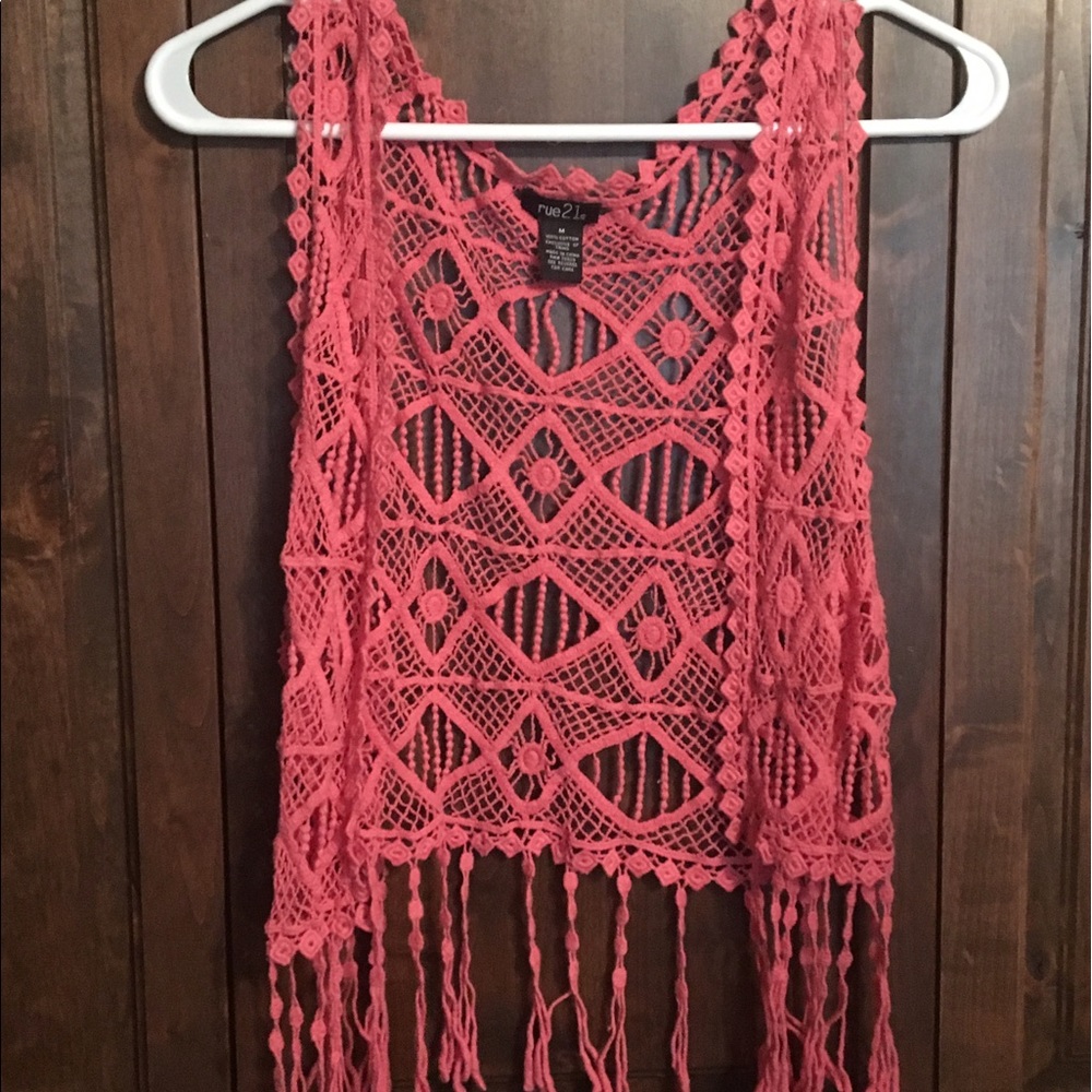 Pink crochet vest with fringe