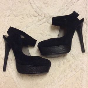 Black suede spike heels with Python detail