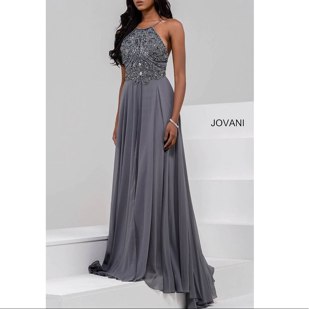 Jovani Chiffon Halter Neckline Beaded Dress 92605