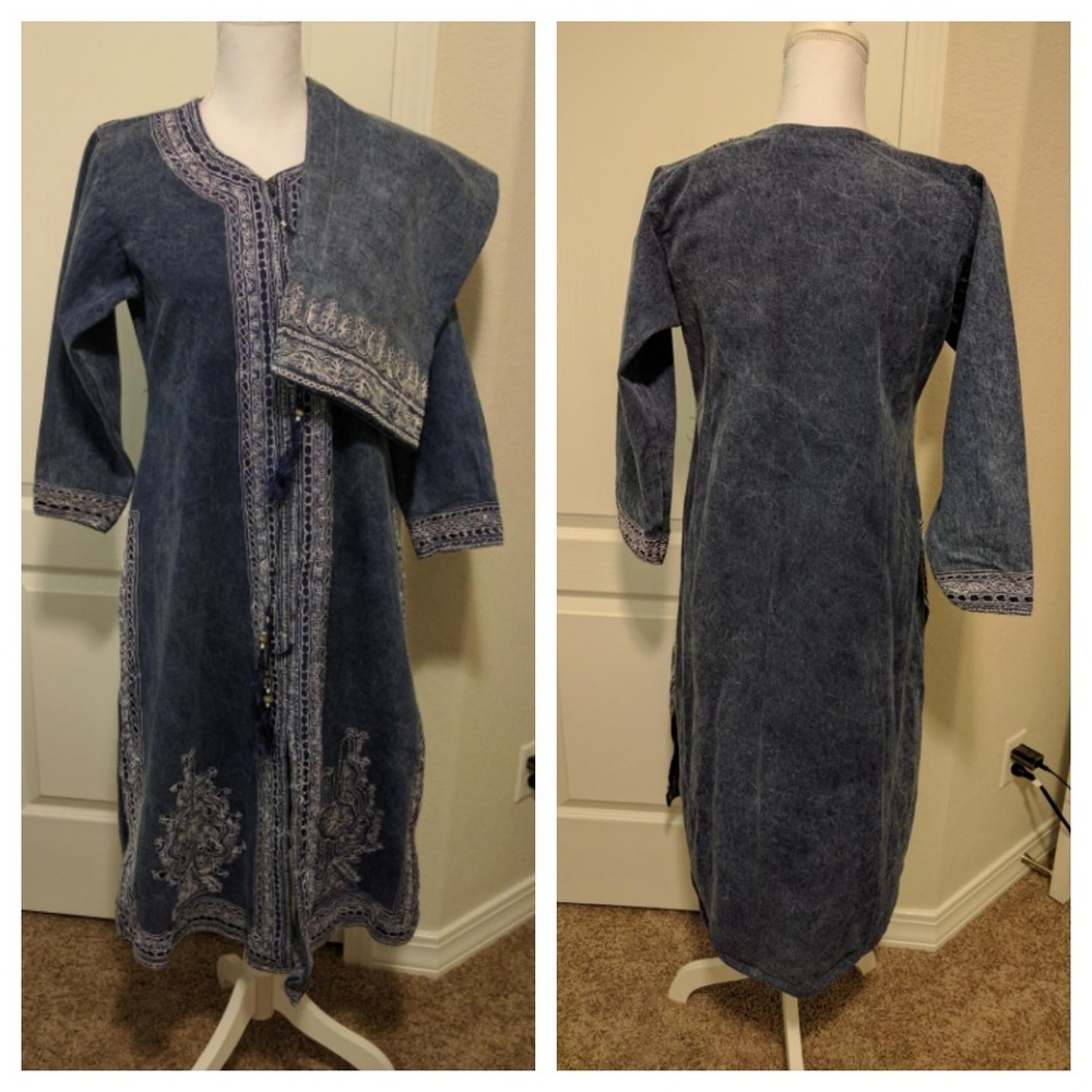 Indian outfit, white embroidery on blue jean