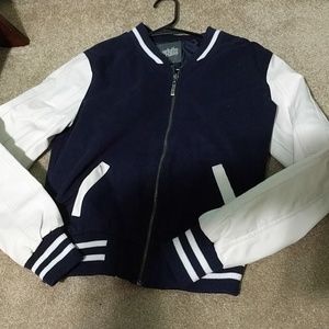 Faux leather sleeve varsity jacket