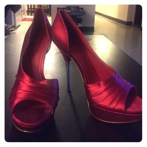 Aldo red satin shoes with chrome heel!