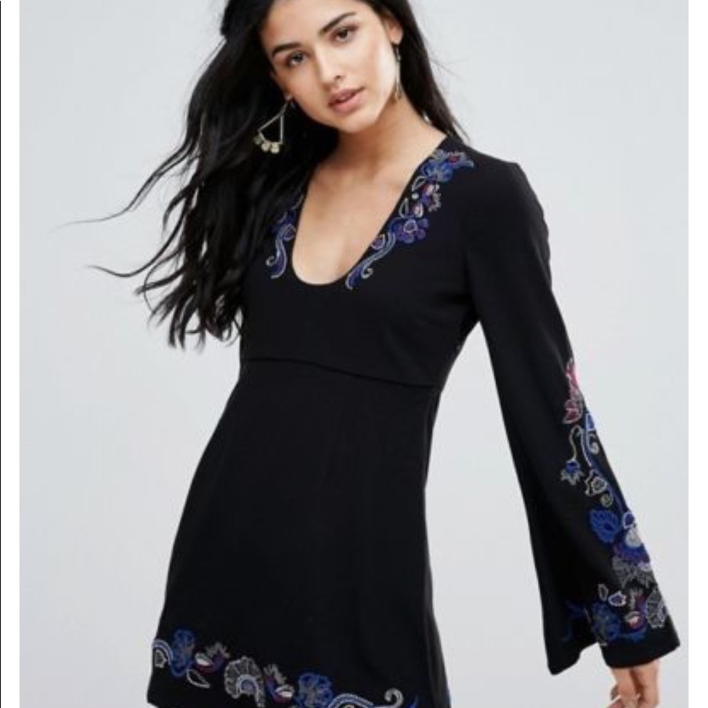 NWT Free People Black Folk Embroidered Mini Dress