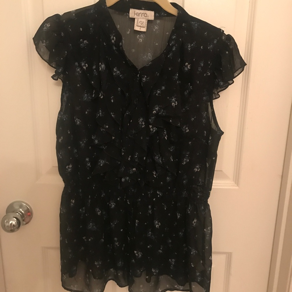 Black Sheer Blouse with Blue Flowers