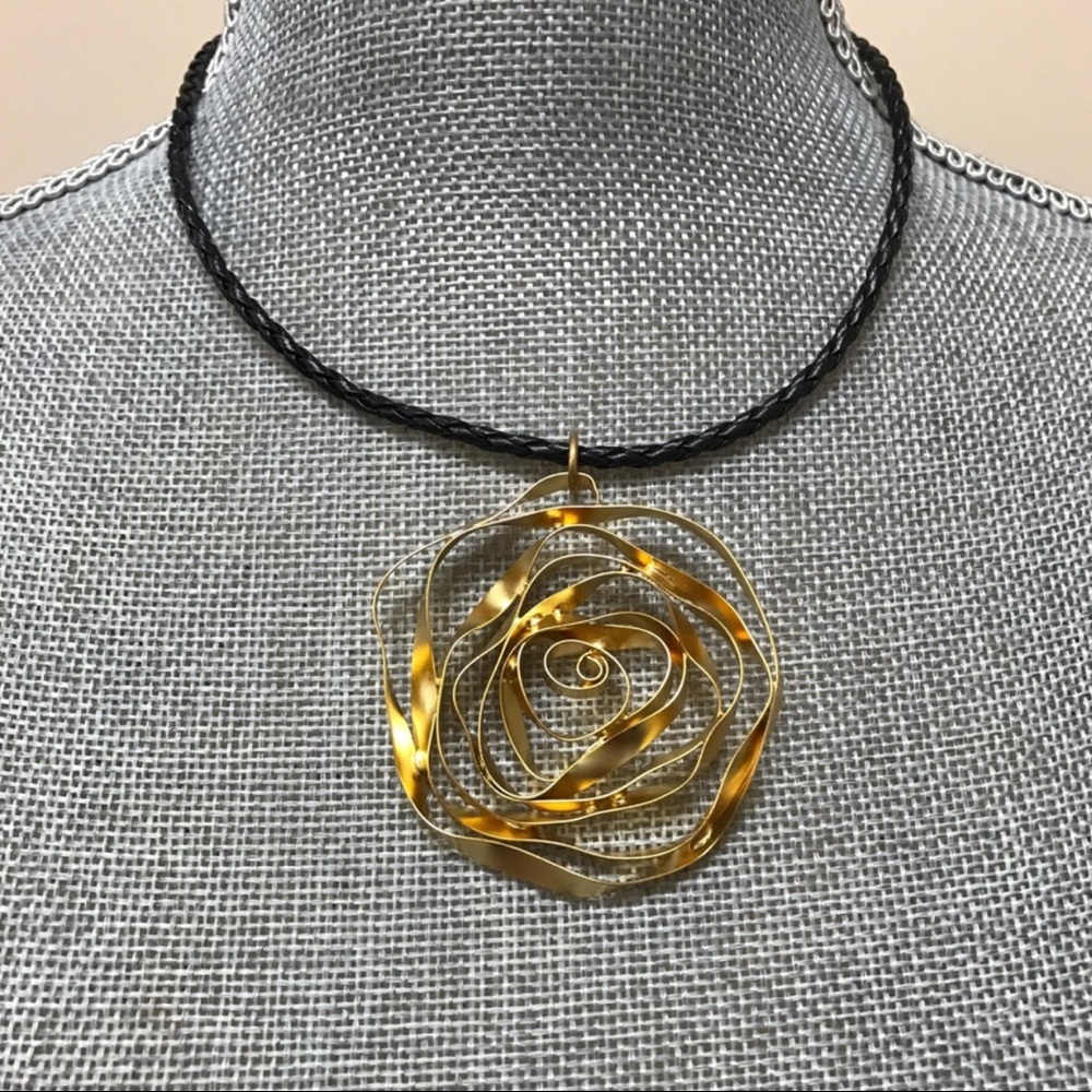 Artisan Bold Gold Rolled Rose Necklace on Leather