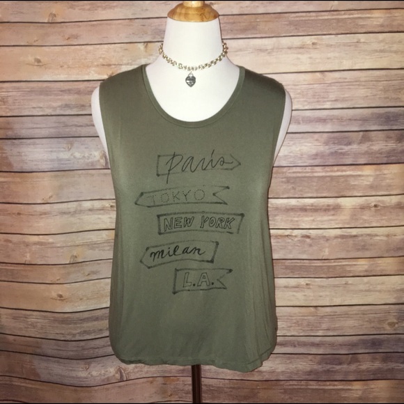 American Eagle Outfitters Tops - AEO Olive Soft & Sexy World Fashionista Muscle Tee