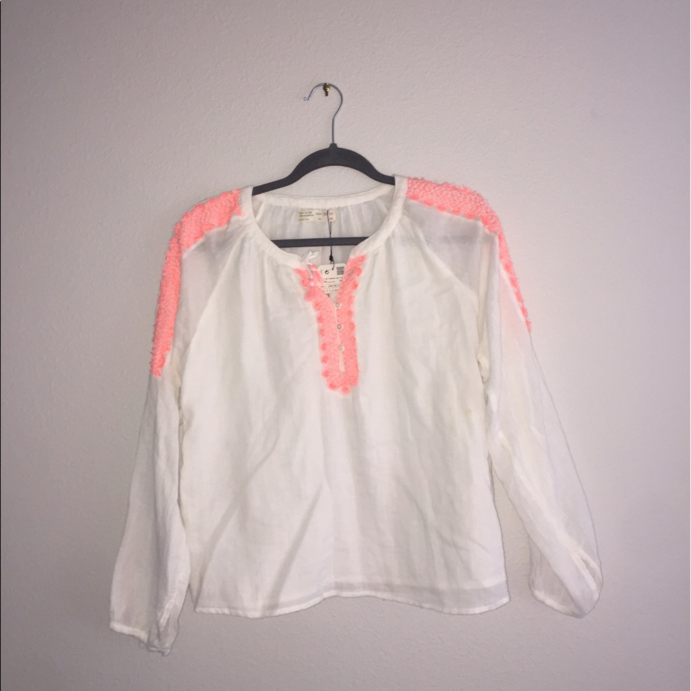 White/Pink Zara Beachy Long Sleeve Top