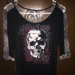 Affliction lace top with sequins and skull
