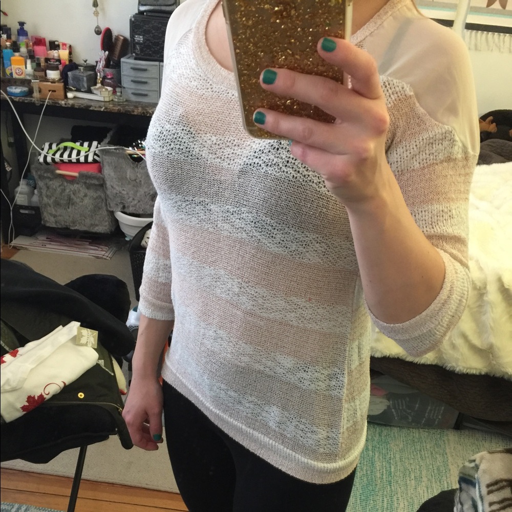 Sheer Knit Metallic Striped Sweater w/ chiffon