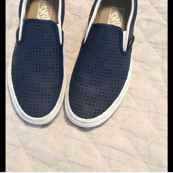 vans blue leather slip ons