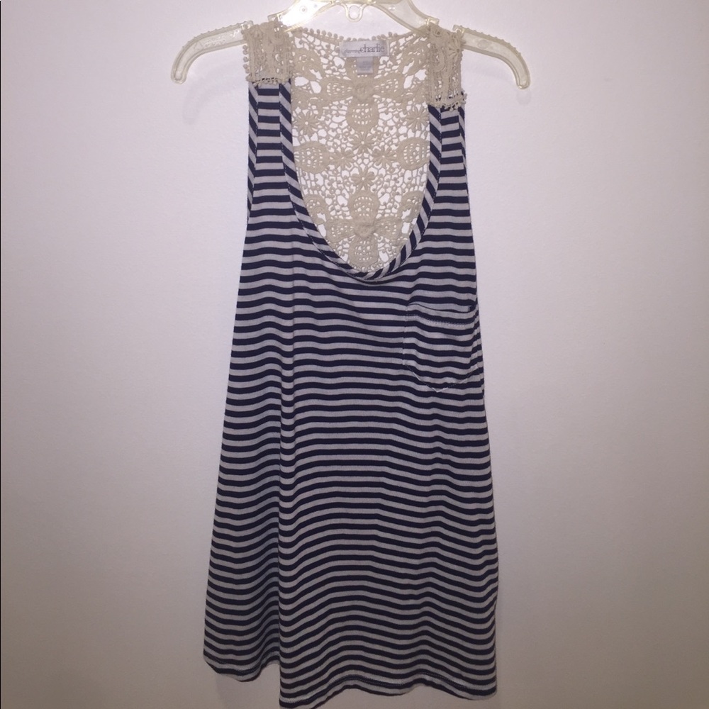 Blue and white striped tank top with lace back