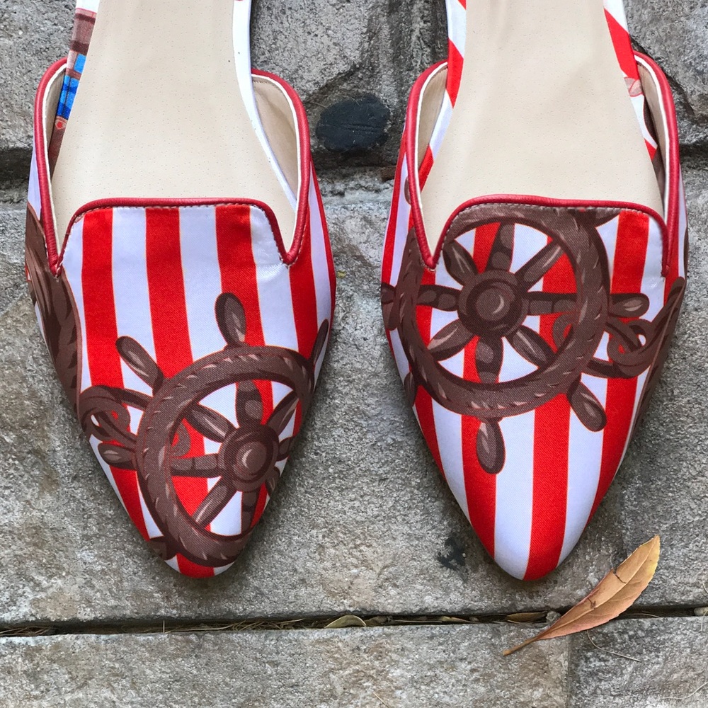 Sailor Red Pointy Toe Mary Jane Flat Loafer Flats - Picture 2 of 4