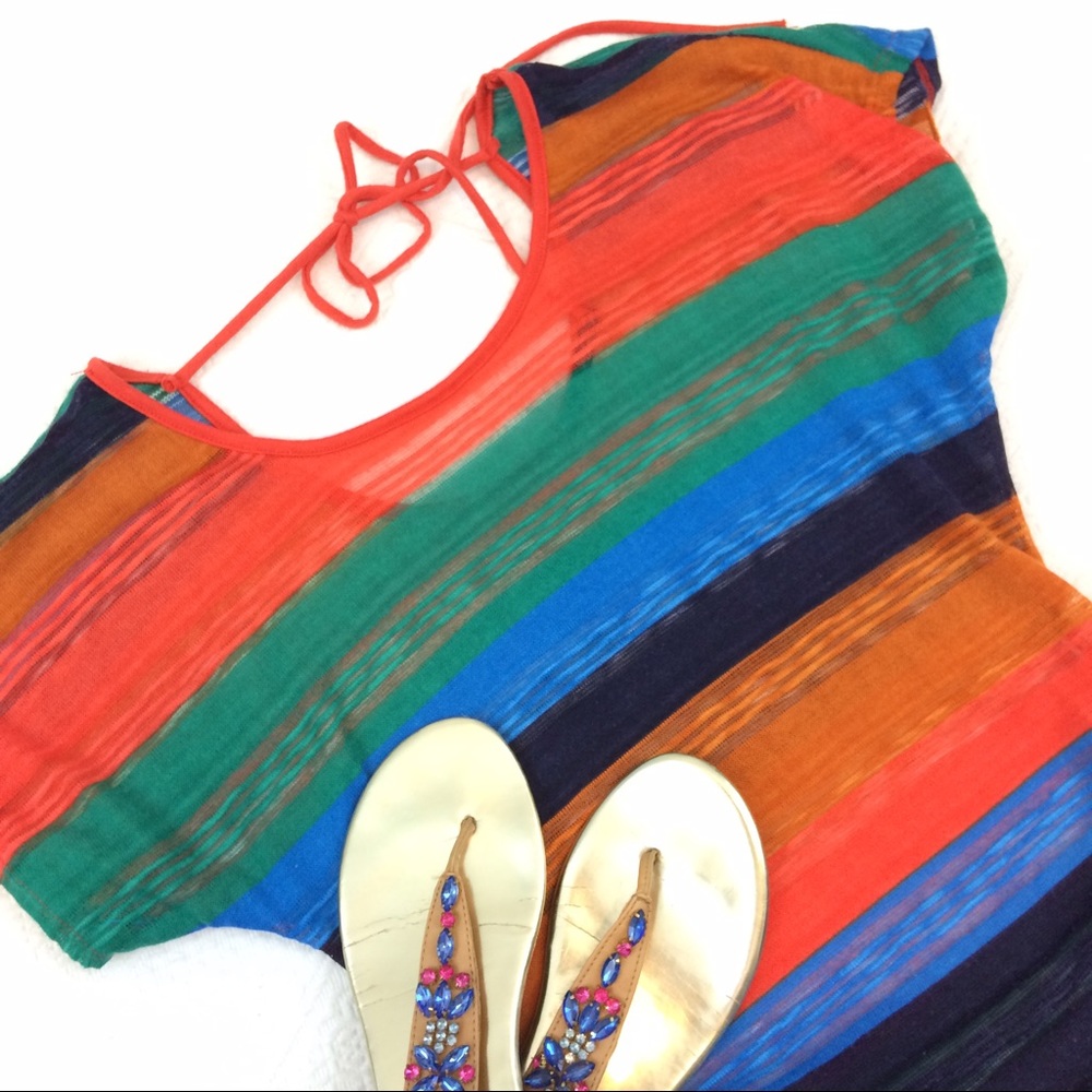 Love J Striped Ruched Sheer Tie Back Shirt