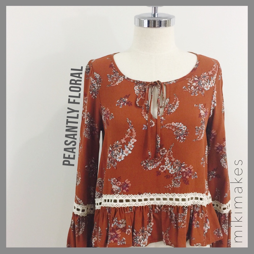 [ limonata ]  rust floral peasant flare sleeve top