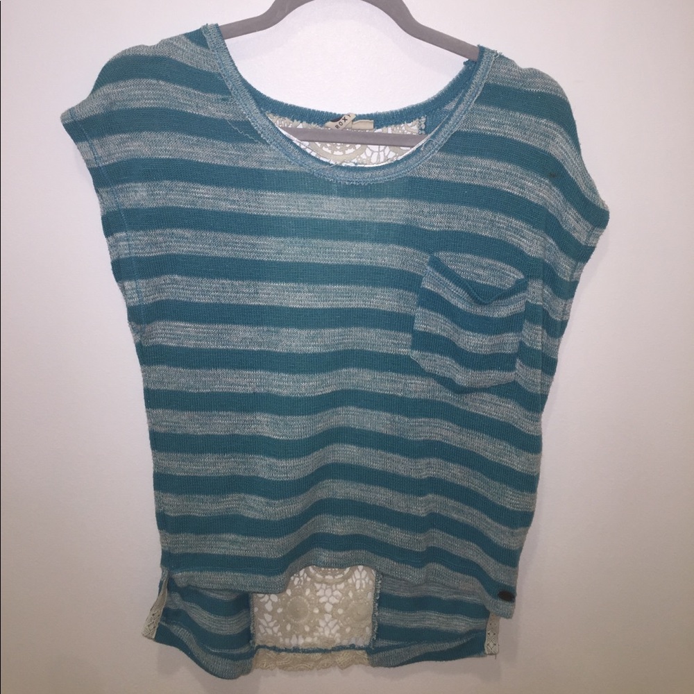 Blue and white striped shirt with lace back