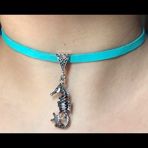 silver seahorse blue choker necklace