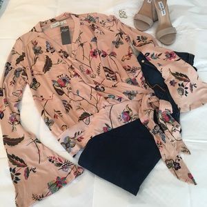 Floral butterfly print front wrap top