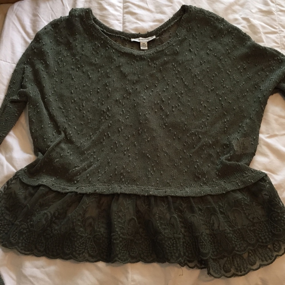 Olive green sheer sweater with lace detailing