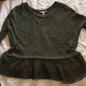 Olive green sheer sweater with lace detailing