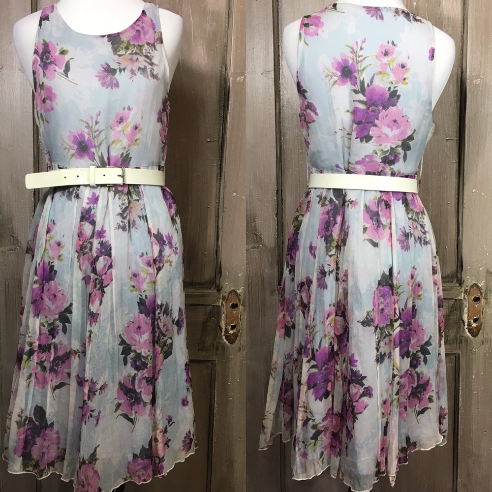 100% Silk Light Lavender/Gray Floral Print Dress - Picture 1 of 1