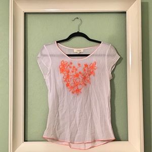 Umgee White & Orange Sheer Floral Design Top