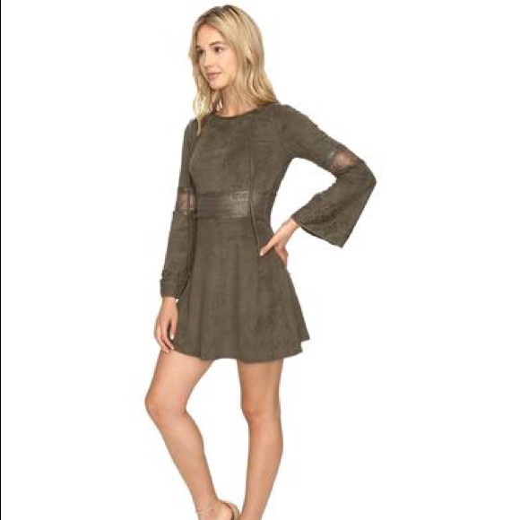 🆕Olive Suede Short Dress with Flared Lace Sleeves - Picture 1 of 6