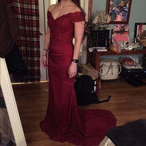 Off the shoulder, dark red, long formal dress