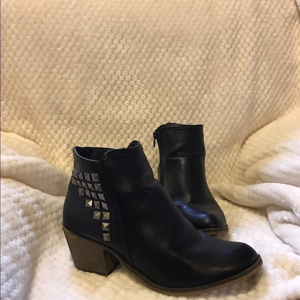 Black faux leather studded ankle boots