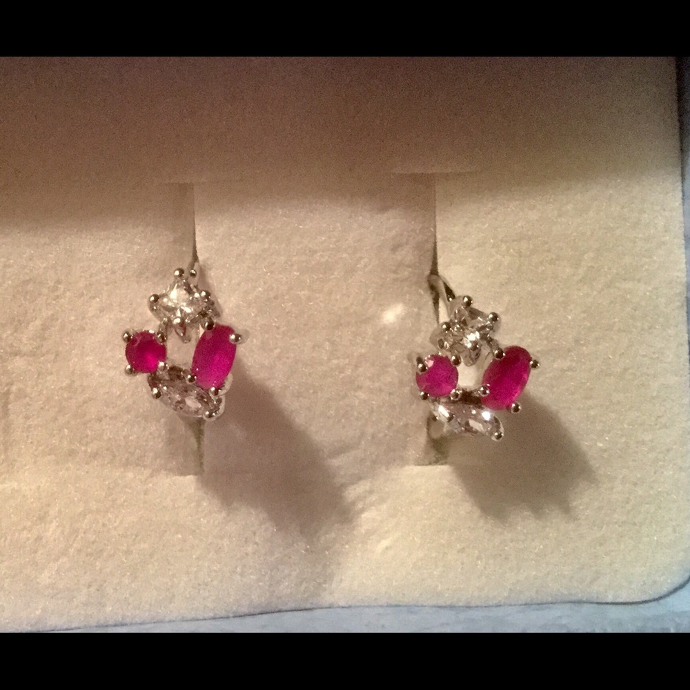SOLD. Ruby and White CZ 9K Solid Gold Earrings - Picture 1 of 7