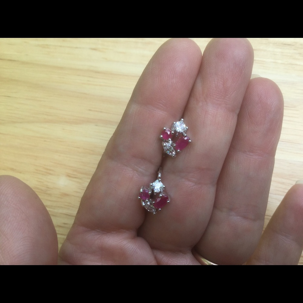 SOLD. Ruby and White CZ 9K Solid Gold Earrings - Picture 2 of 7