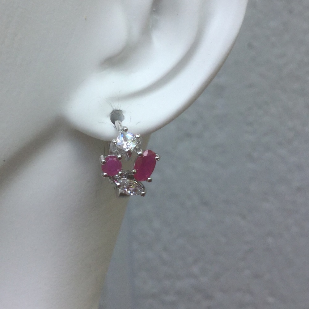 SOLD. Ruby and White CZ 9K Solid Gold Earrings - Picture 4 of 7