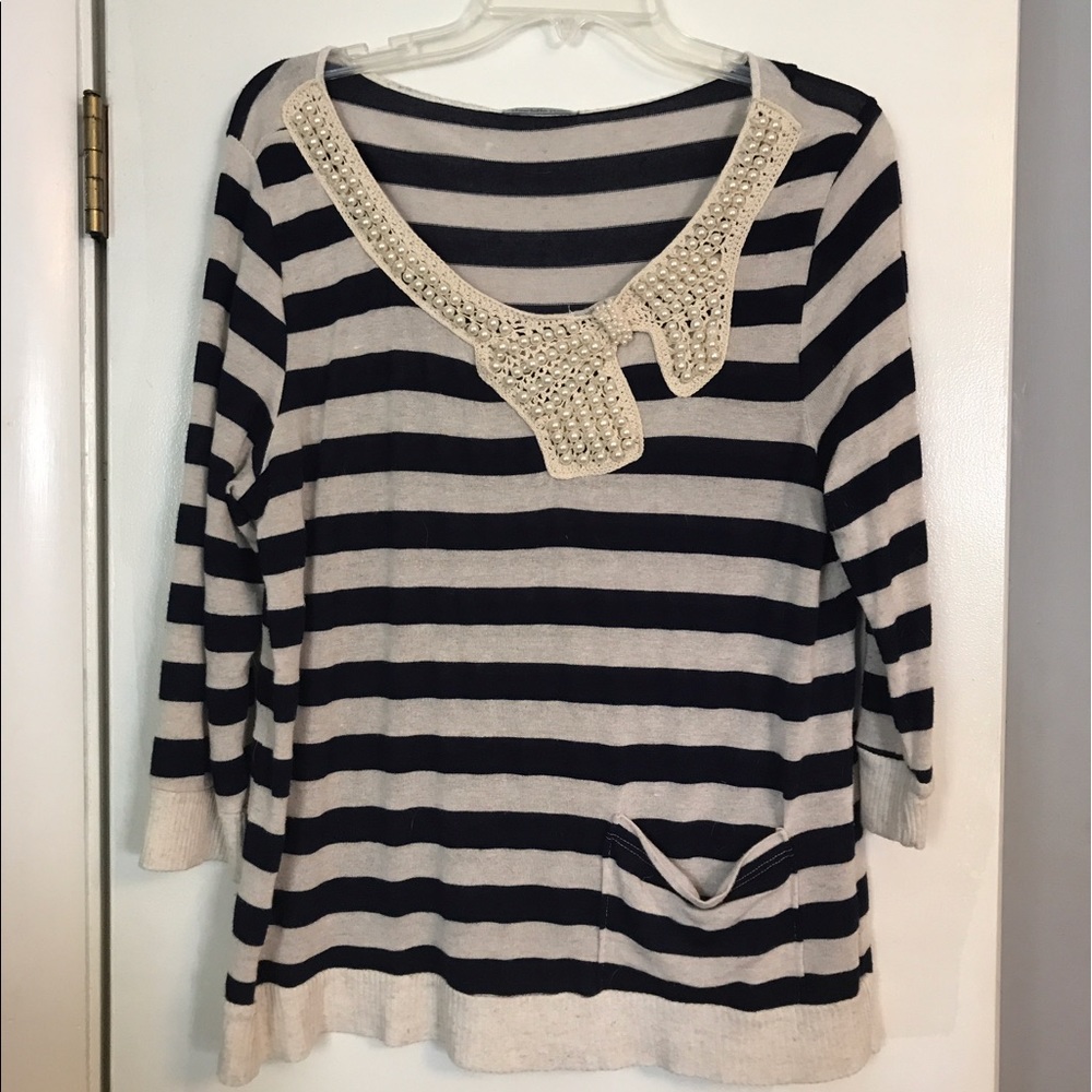 MAKE OFFER-Pearl and navy striped bow shirt