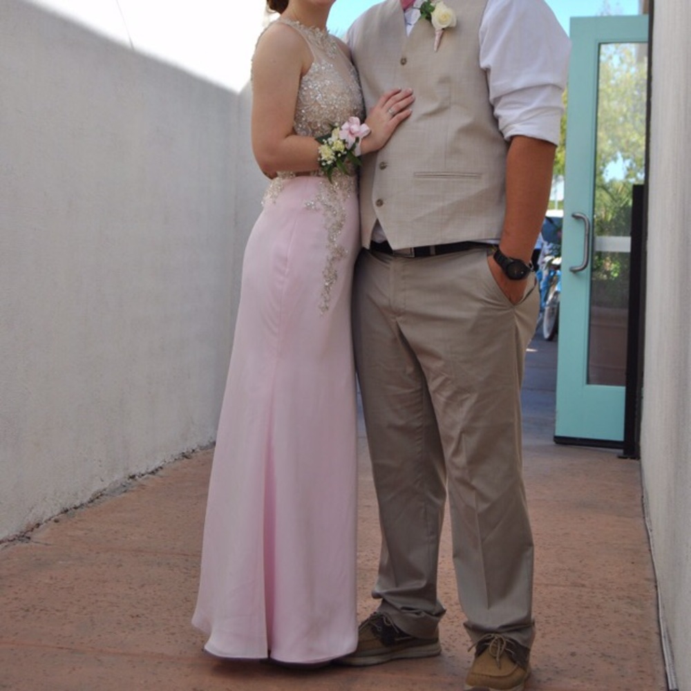 LIGHT PINK SILVER PROM FORMAL DRESS