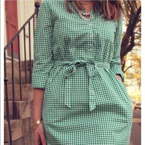 green gingham shirtdress.