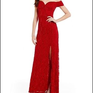 B.Darlin Off-the-shoulder sequin lace slit dress