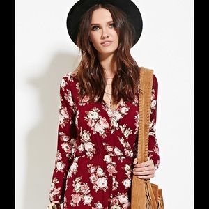 Burgundy/red rose flower print long sleeve romper