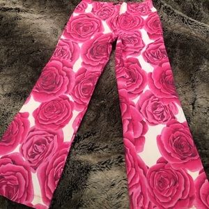 Flowered bright pink wide bottom capri pants