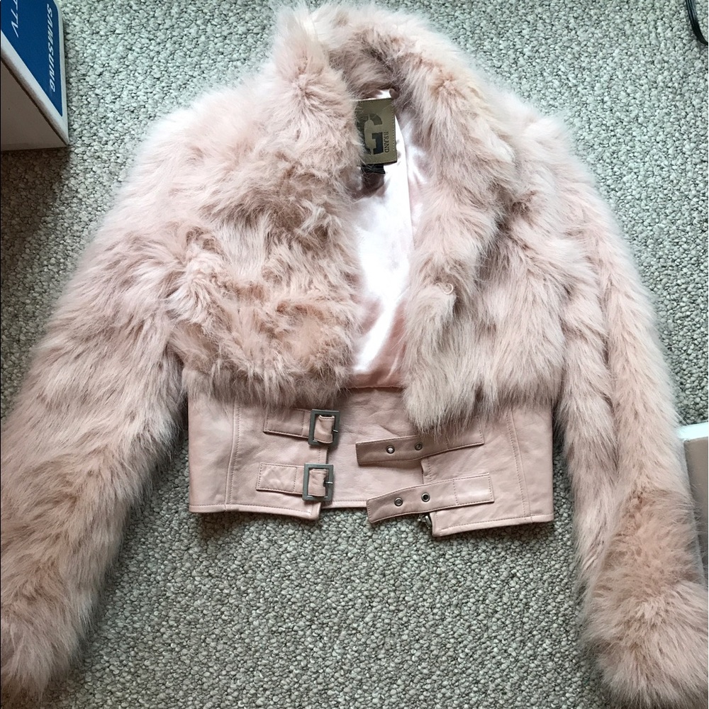 PINK FAUX FUR CROPPED JACKET WITH LAMBSKIN LEATHER