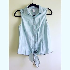 Button up tie up faux denim tank