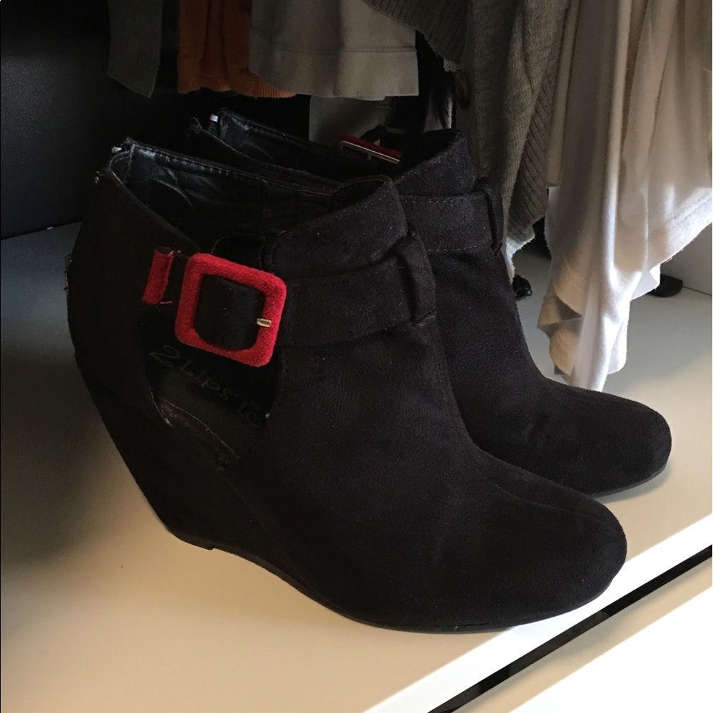 Black wedge booties, red buckle size 8