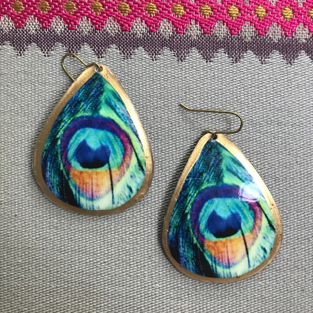 Peacock Feather Printed Teardrop earrings
