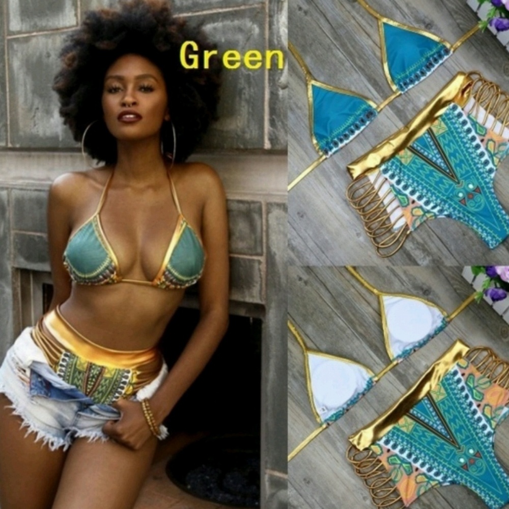African Tribal Metallic Cutout High Waist Bikini .